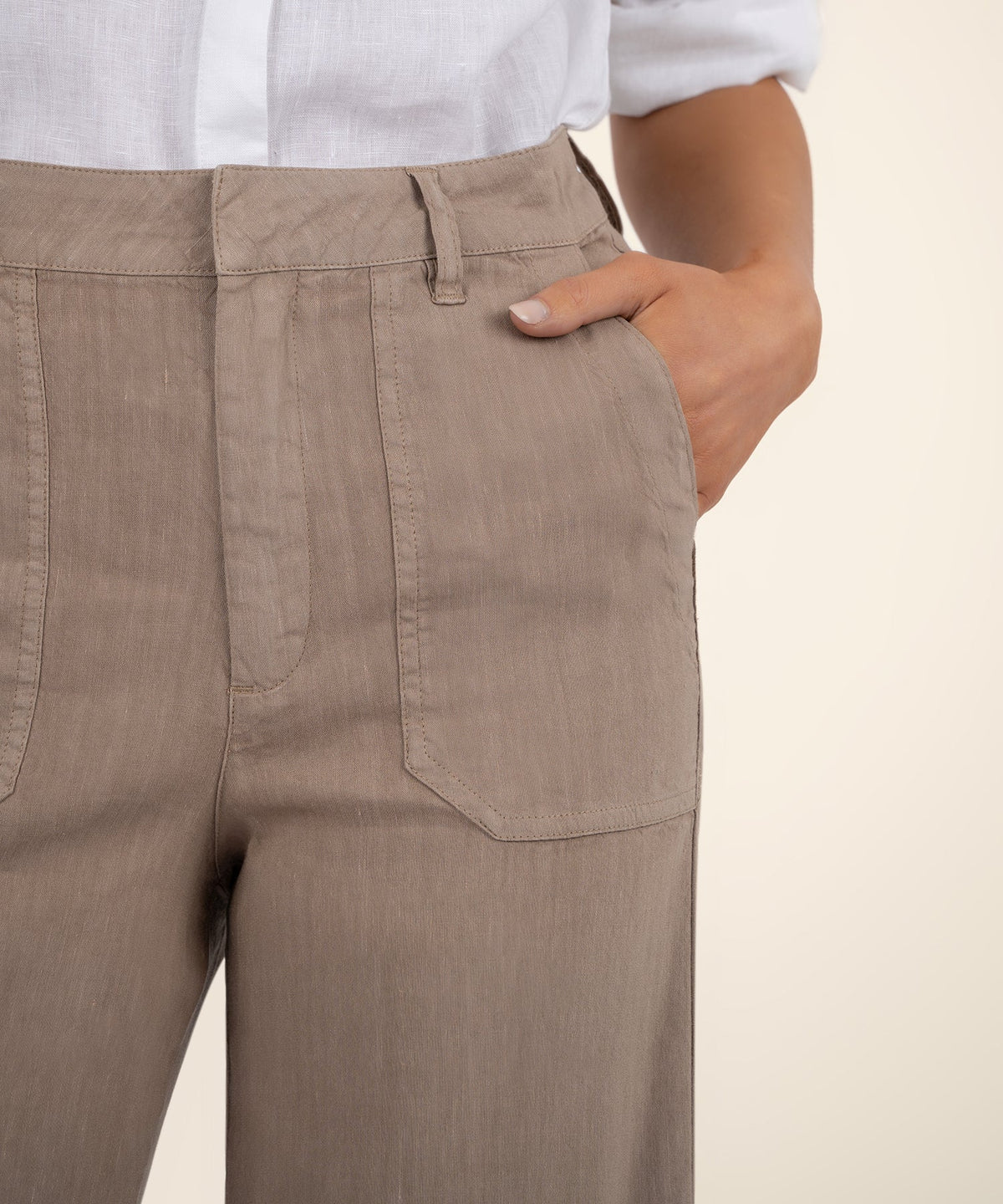 Luna Topaz high rise wide leg linen rayon pants with porkchop pockets in a neutral tone
