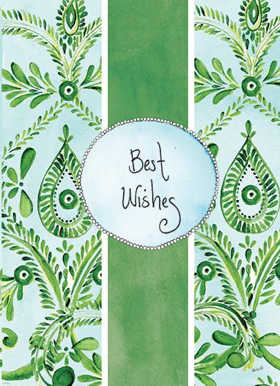 Greeting card with green paisley patterns and a central circle reading "Best Wishes".