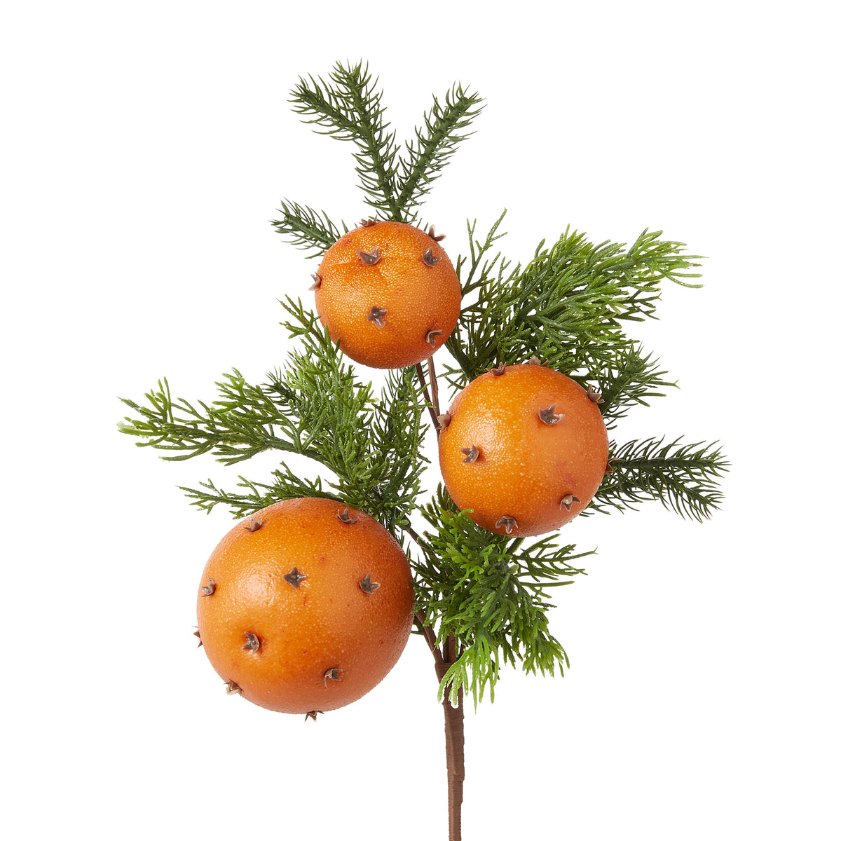 15-inch artificial cedar pick featuring three orange pomander balls studded with cloves.