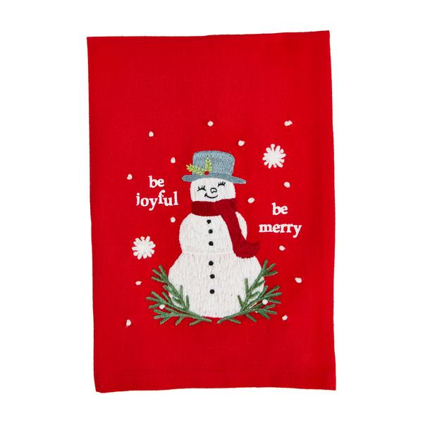 White cotton hand towel with classic Christmas embroidery featuring red holly leaves.