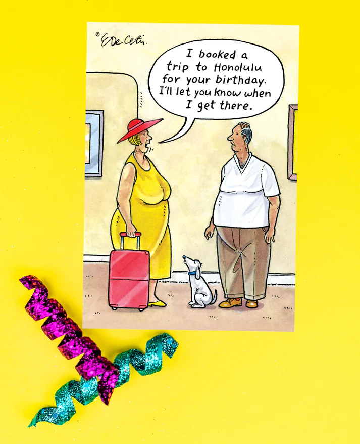 Dolly BD Honolulu Birthday card featuring a lei illustration with text about booking a trip to Honolulu.