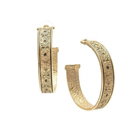 Venezia gold-tone hoop earrings with intricate engraved vintage-inspired detailing.