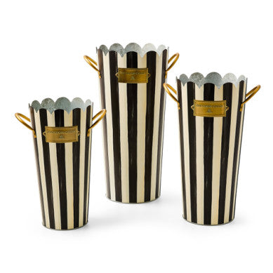 Galvanized metal flower bucket with brass logo plate