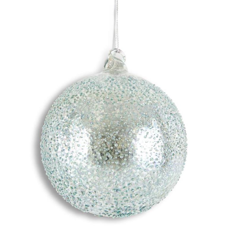 4.75 inch light blue textured mercury glass round ornament with a silver hanging string.