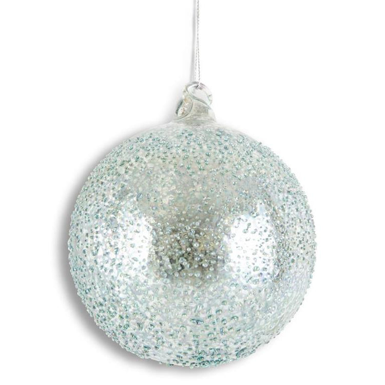 4.75 inch light blue textured mercury glass round ornament with a silver hanging string.