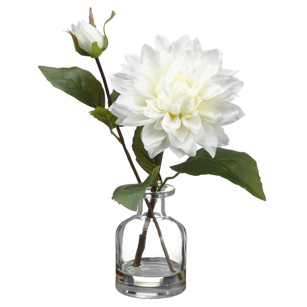 White glass vase with dahlia floral arrangement