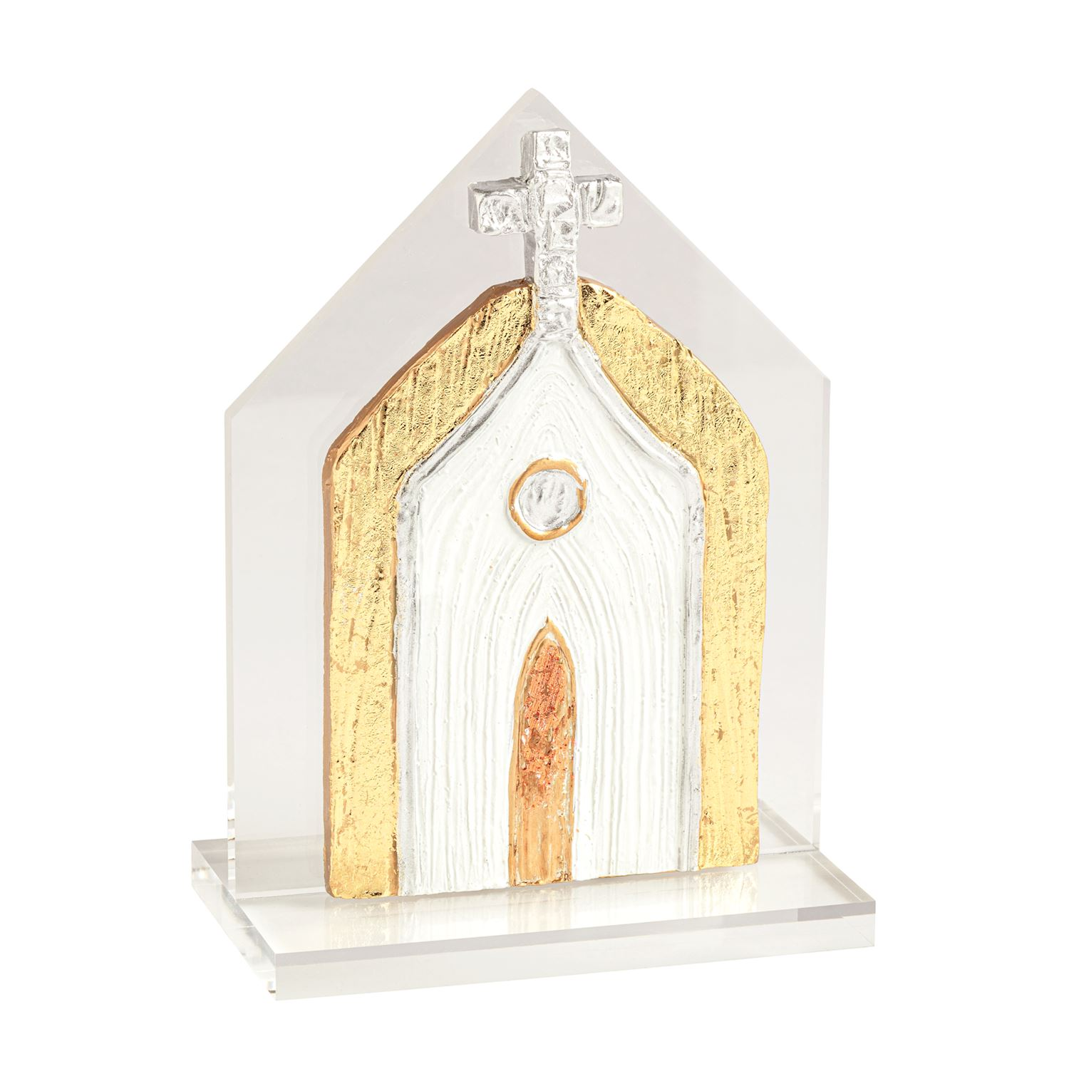 Acrylic plaque featuring a layered, hand-painted plaster church with gold and silver accents.