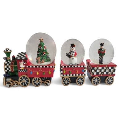 Holiday Train Snow Globe Set with a musical locomotive, snowman car, and nutcracker car.