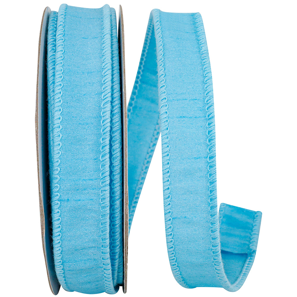 7/8 inch light blue Dupioni Supreme wired edge ribbon on a spool.