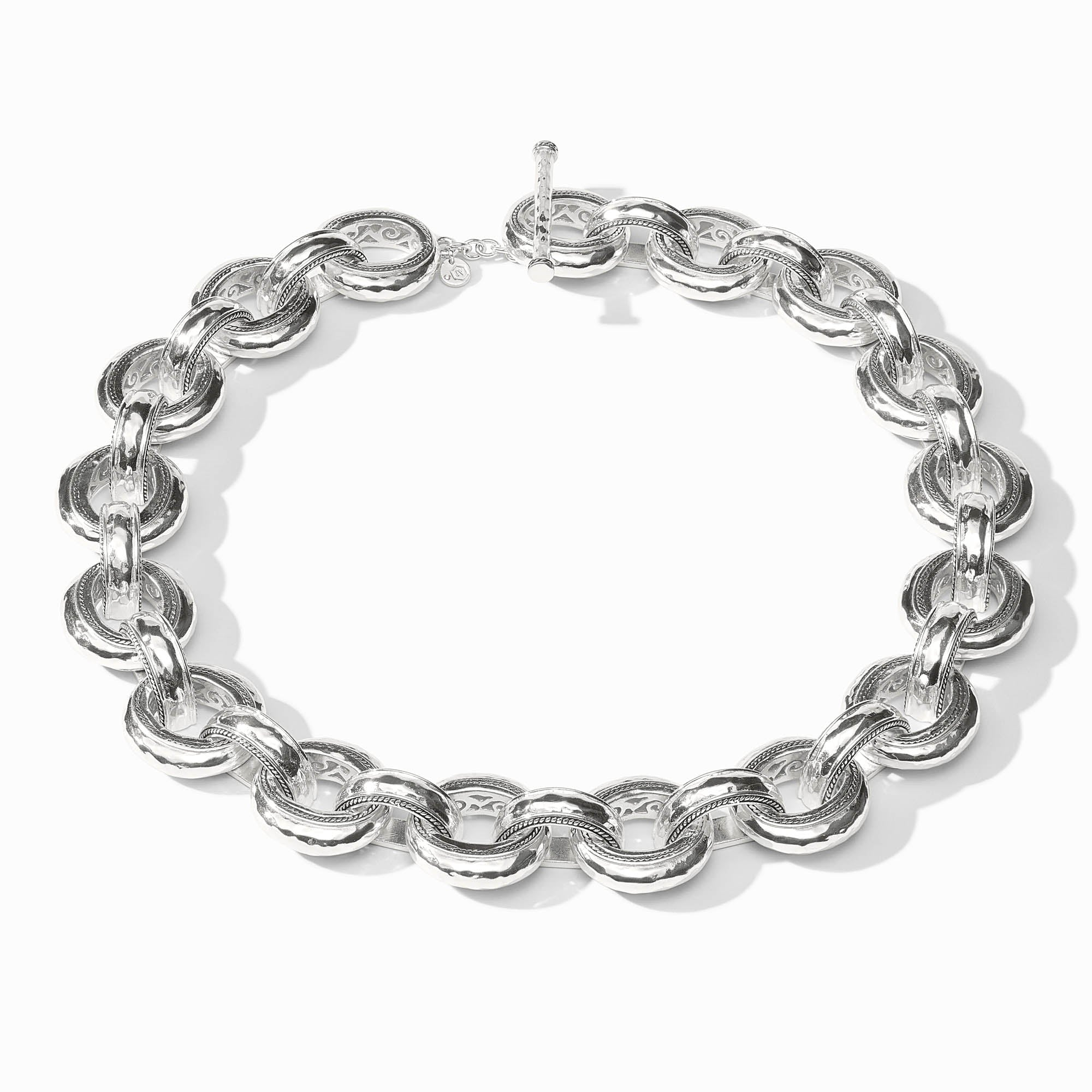 Cannes Demi Link Necklace in polished silver featuring large, textured interlocking round links.