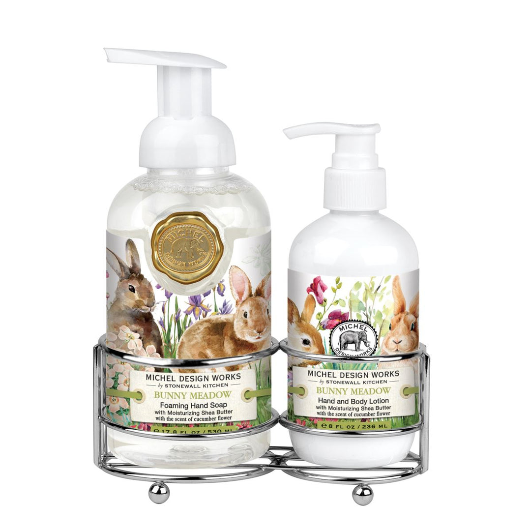 Foaming hand soap dispenser with matching lotion pump bottle in neutral tones.