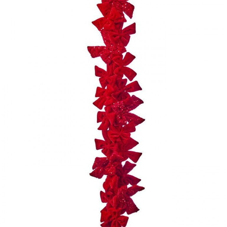 48-inch red velvet and sequin bow garland for holiday decoration.