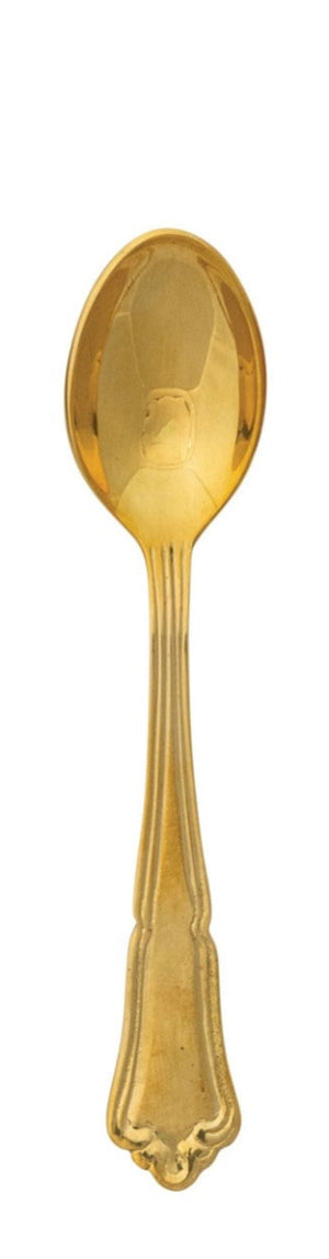 Embossed brass spoon with textured surface, measuring approximately five inches long.