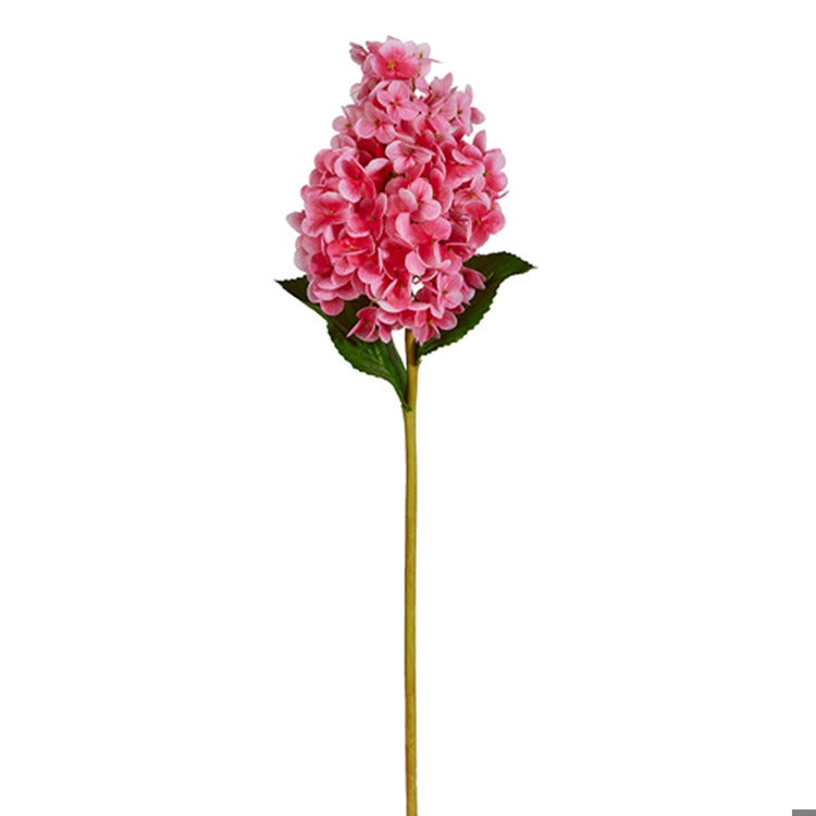 Artificial hydrangea stem in hot pink polyester foam with a realistic silhouette measuring 29 inches long.