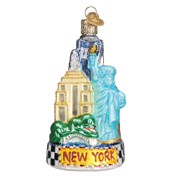 Glass New York City ornament featuring the Statue of Liberty, Empire State Building, and skyline.