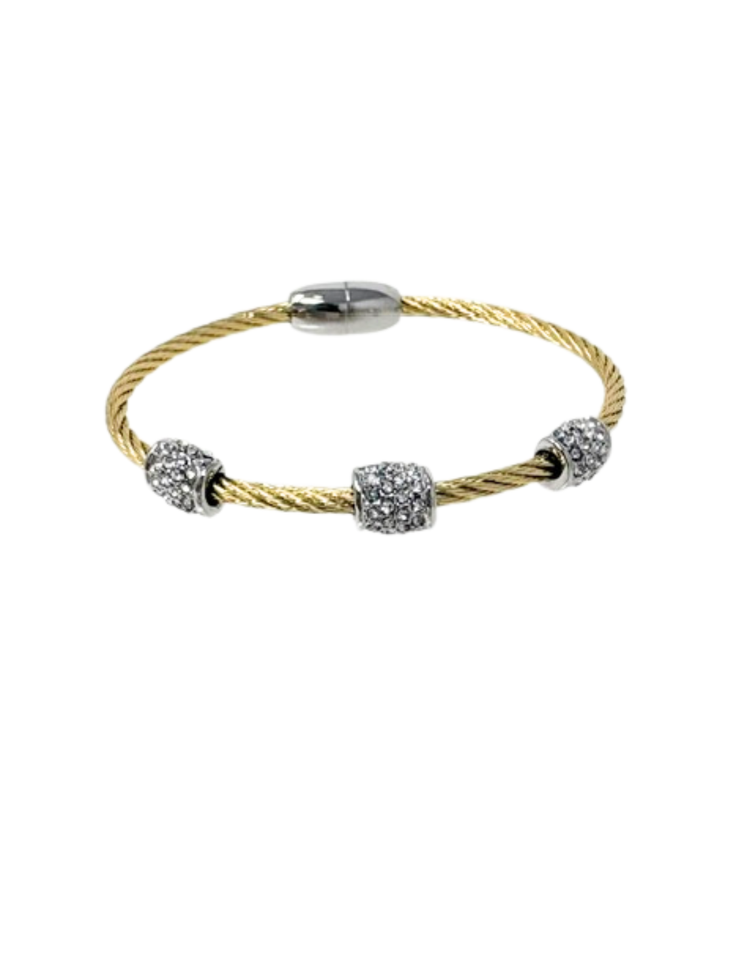 Gold cable bracelet with three silver-tone pave CZ stations and a magnetic clasp.