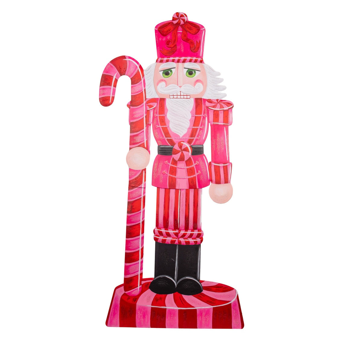 Pink Nutcracker figurine with gold accents on a black stand.