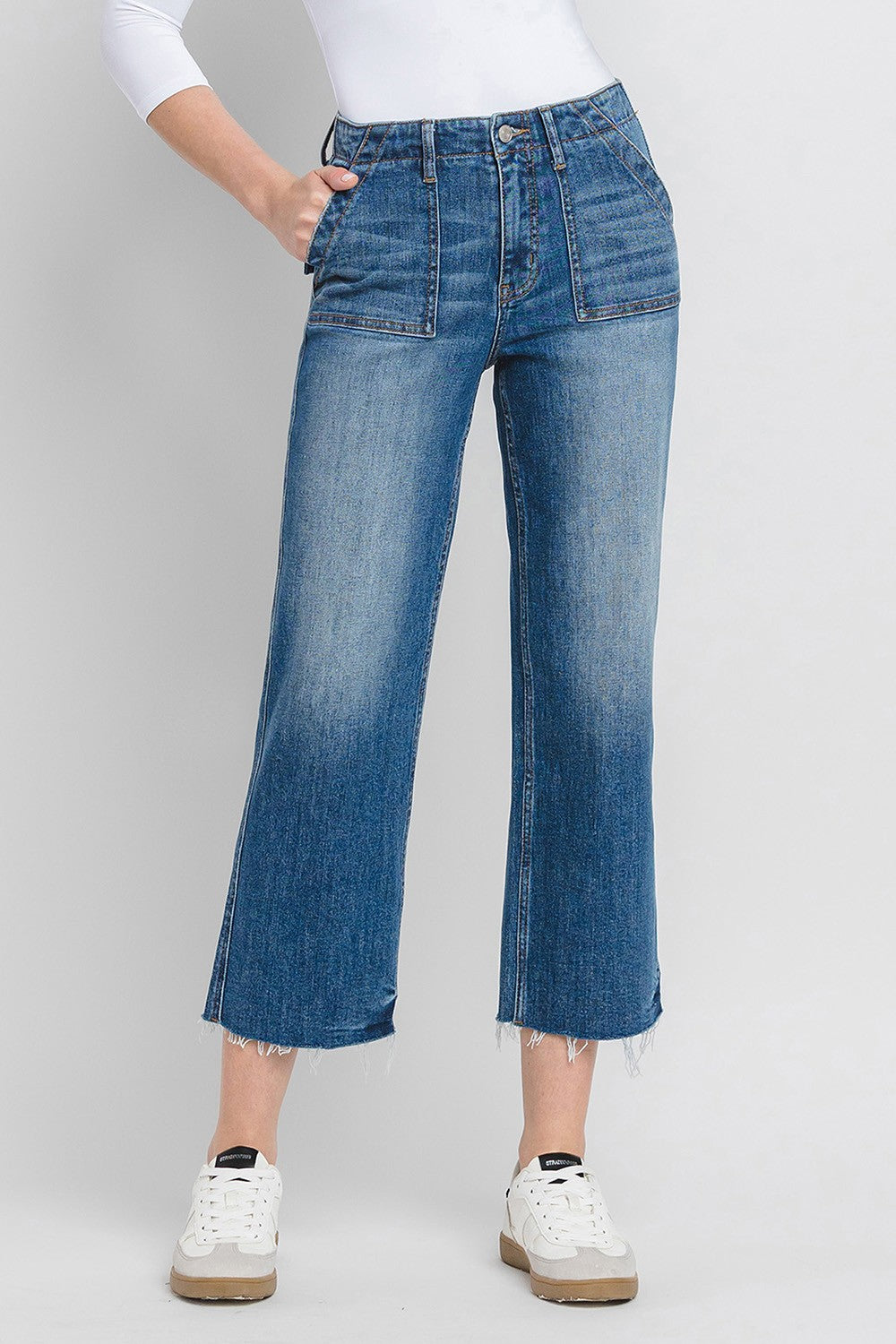 Avery High Rise Crop Utility Straight Jeans in dark wash denim with five-pocket styling and button fly.