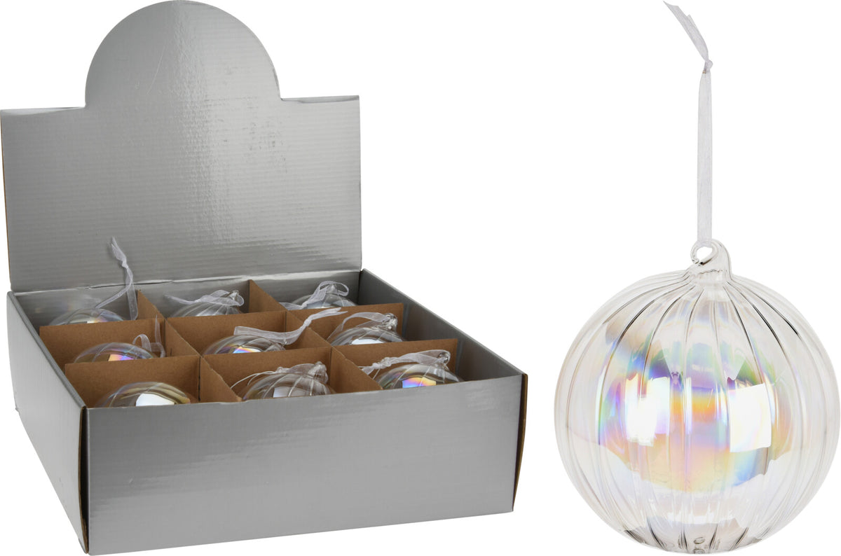 Iridescent glass Christmas ball ornament with vertical stripes and a white hanging ribbon.