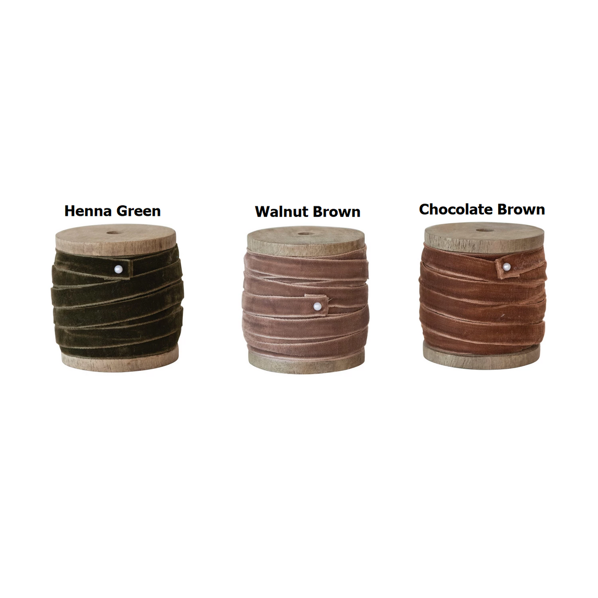 10-yard velvet ribbon on wood spools in Henna Green, Walnut Brown, and Chocolate Brown.