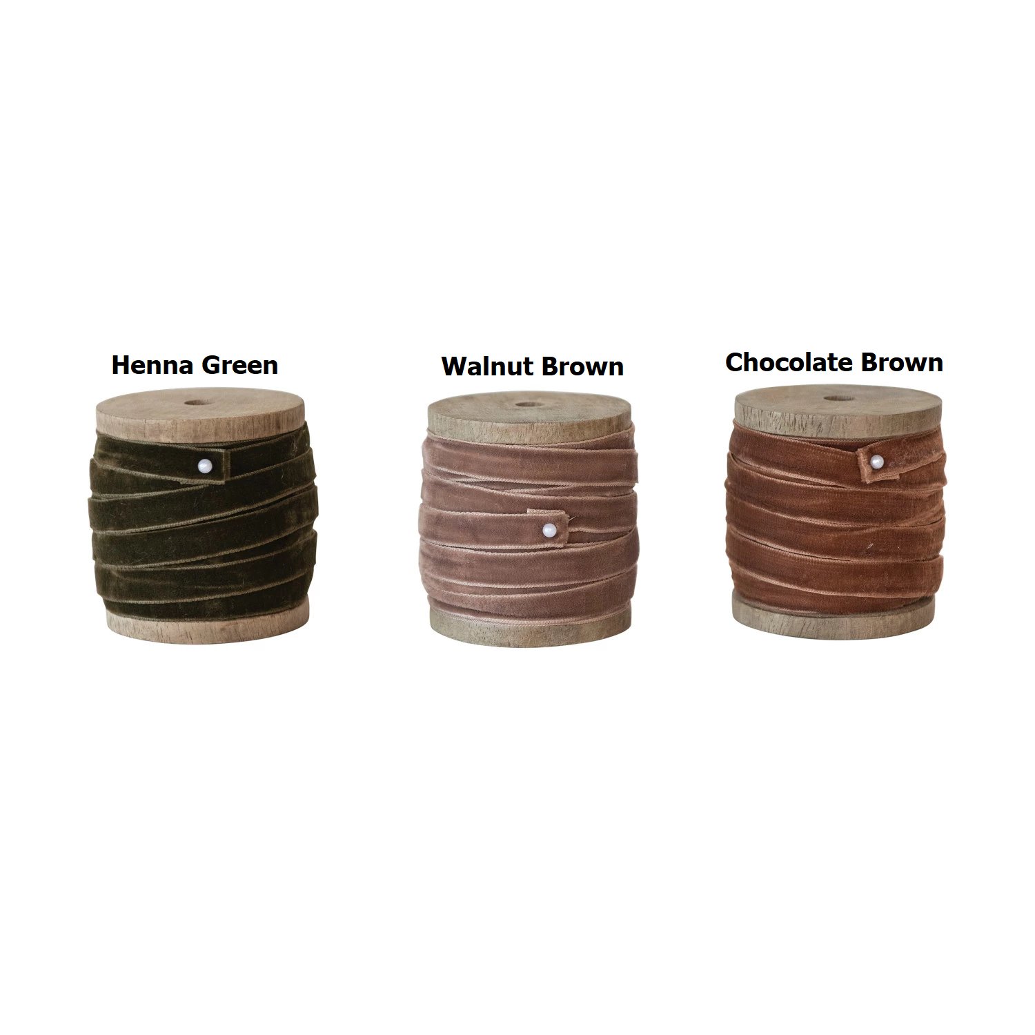 10-yard velvet ribbon on wood spools in Henna Green, Walnut Brown, and Chocolate Brown.