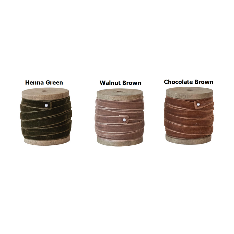 10-yard velvet ribbon on wood spools in Henna Green, Walnut Brown, and Chocolate Brown.