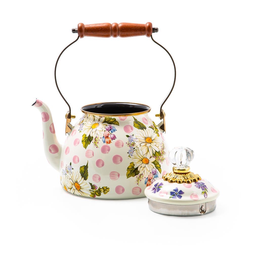 Wildflowers Pink 2 Quart Tea Kettle with floral and polka dot patterns, wood handle, and glass knob.