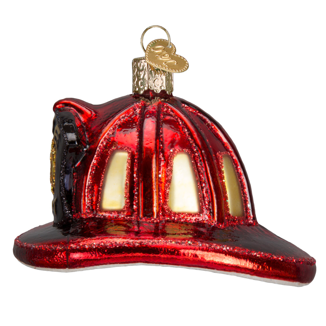 Red glittery glass Fireman's Helmet Ornament with gold accents and a hanging loop.
