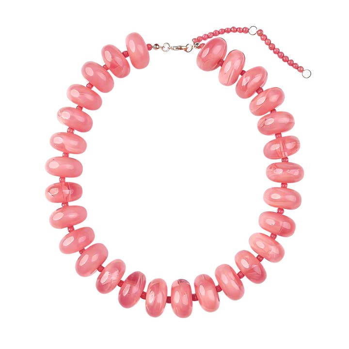 Bailey Chunky Beaded Necklace featuring large, glossy pink marbled beads in a statement design.