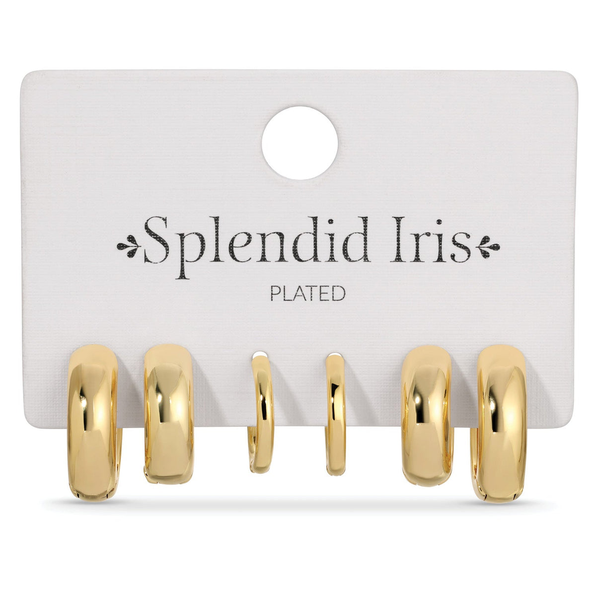 Set of three pairs of assorted 18k gold plated huggie hoop earrings on a white display card.