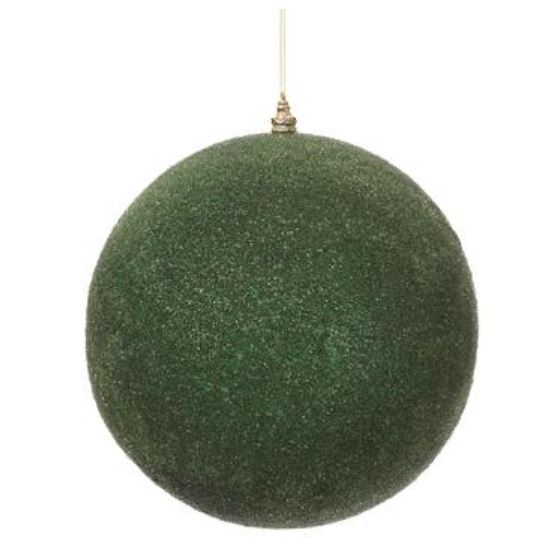 11.75 inch green beaded plastic ball ornament hanging from a thin string.