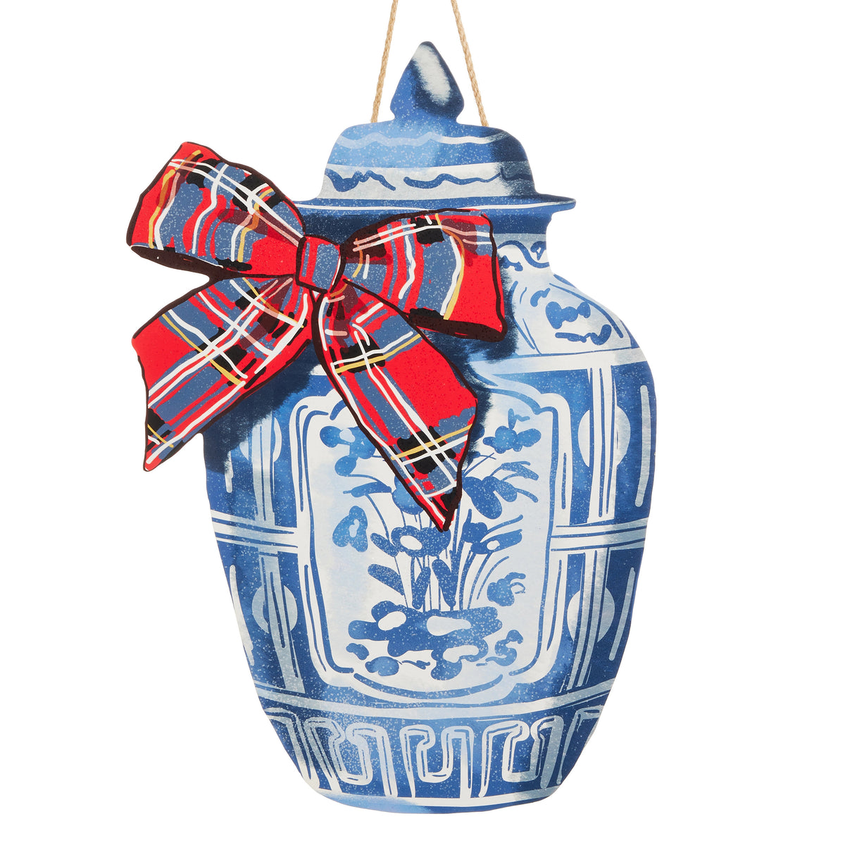 19.5-inch blue and white ginger jar door hanger with a red plaid bow and hanging twine.