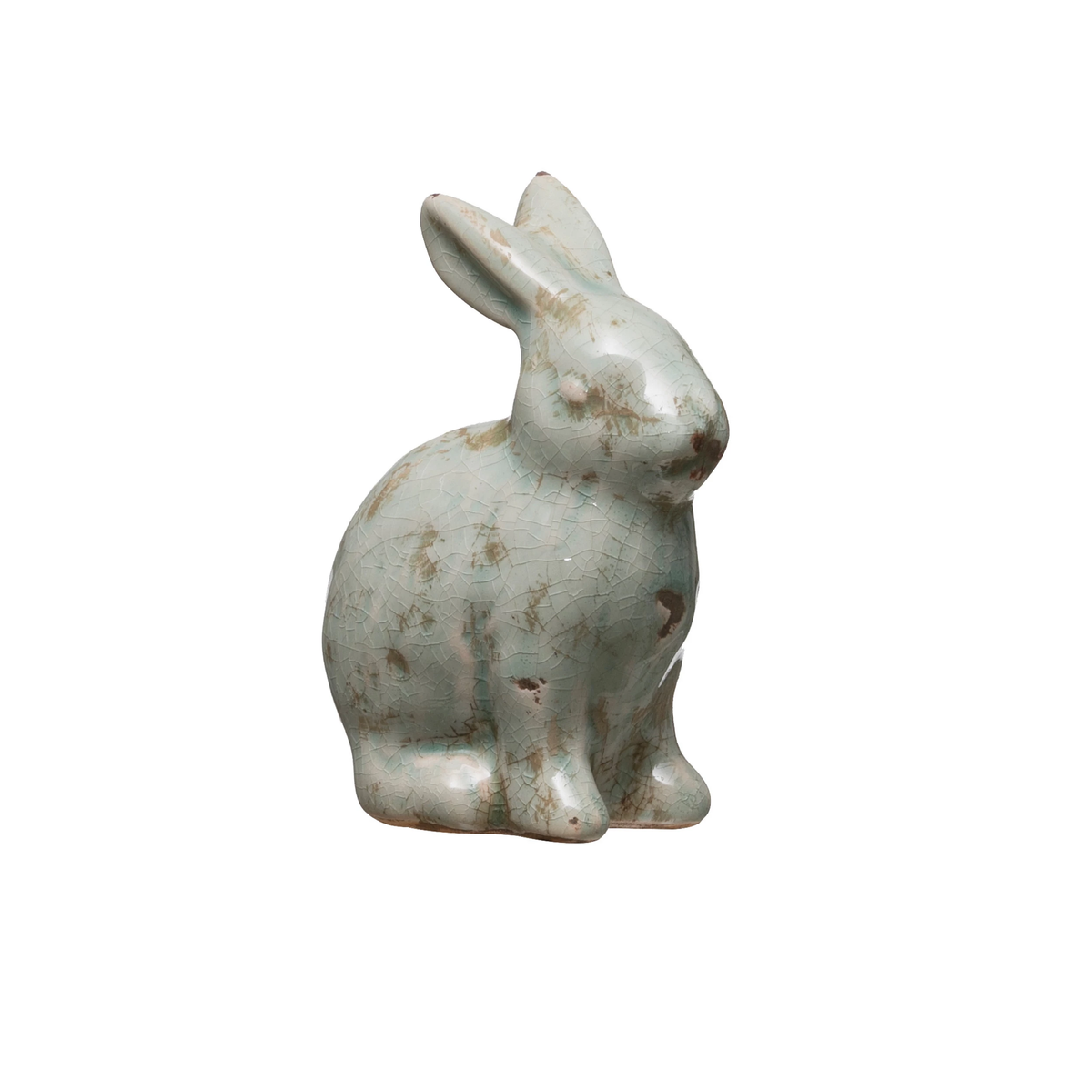 Distressed terracotta ceramic rabbit figurine with aqua glaze accents.