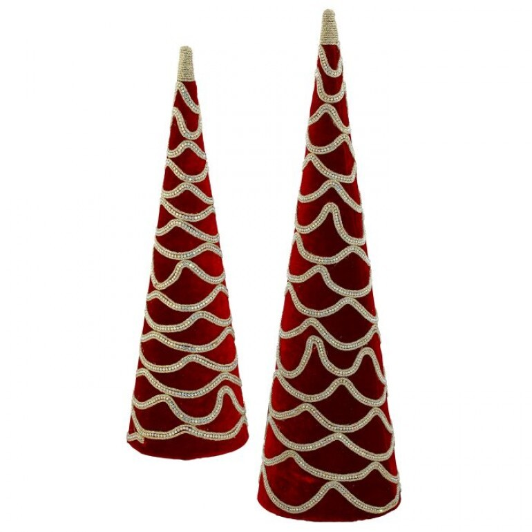 Two red velvet cone trees with wavy gold jewel embellishments in different sizes.