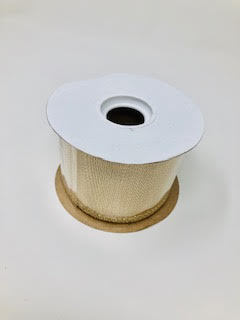 Natural burlap ribbon with a subtle glimmer and wired edge on a spool.