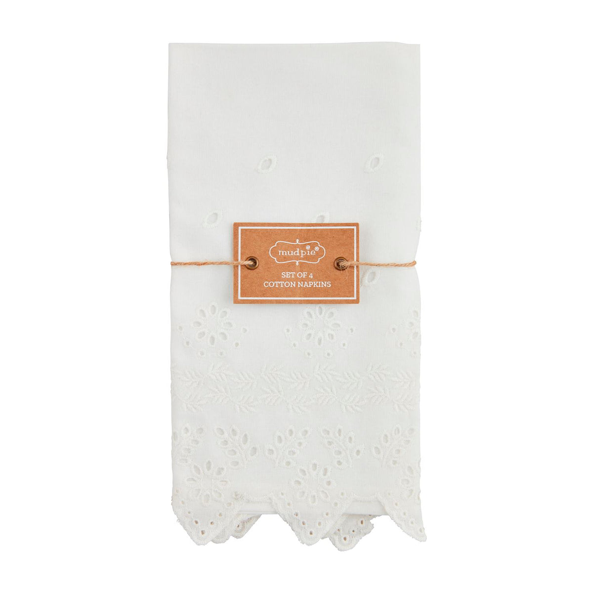 Set of four white cotton napkins with decorative eyelet embroidery and scalloped edges.