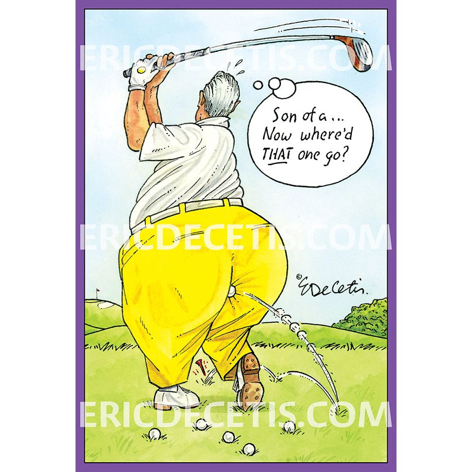 Black ERIC BD Lost Golf Ball birthday card with embossed text reading 'Son of a... Now Where'd that one go?' and 'Happy Birthday'.