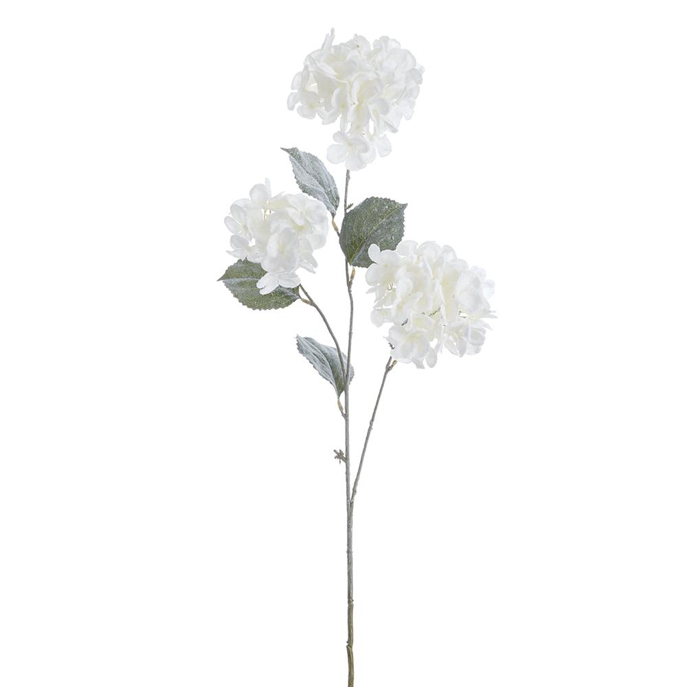 33-inch white snowed hydrangea spray with three flower clusters and frosted green leaves.