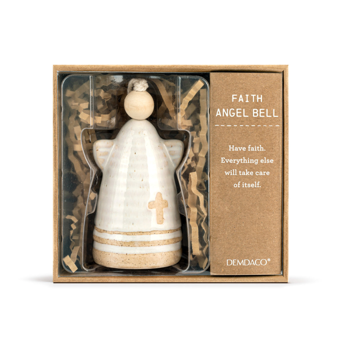 Angel Mini Bell stoneware bell with wood accents in natural tones