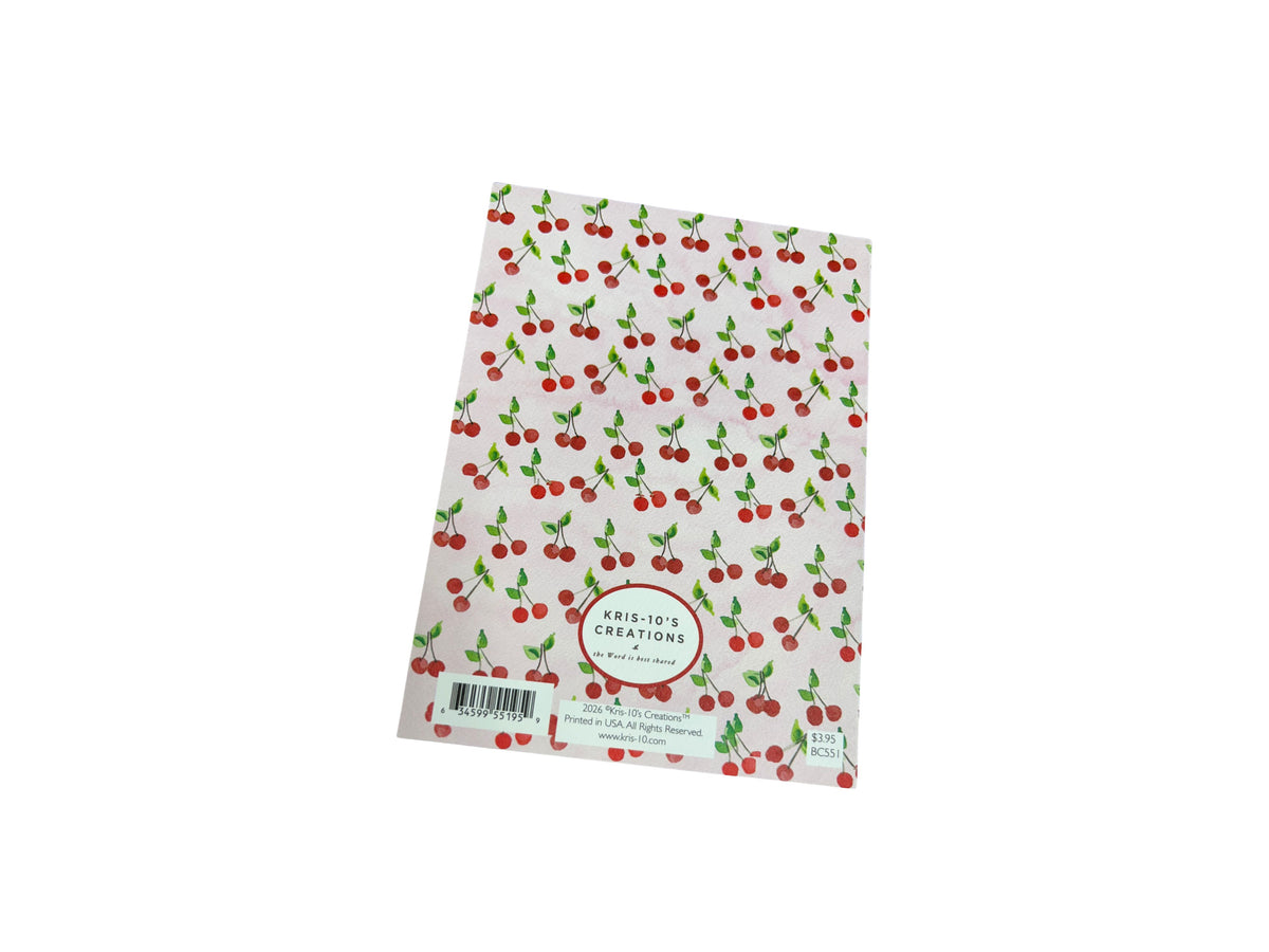 Back of a Birthday Hearts Card featuring a red cherry pattern on a light pink background.