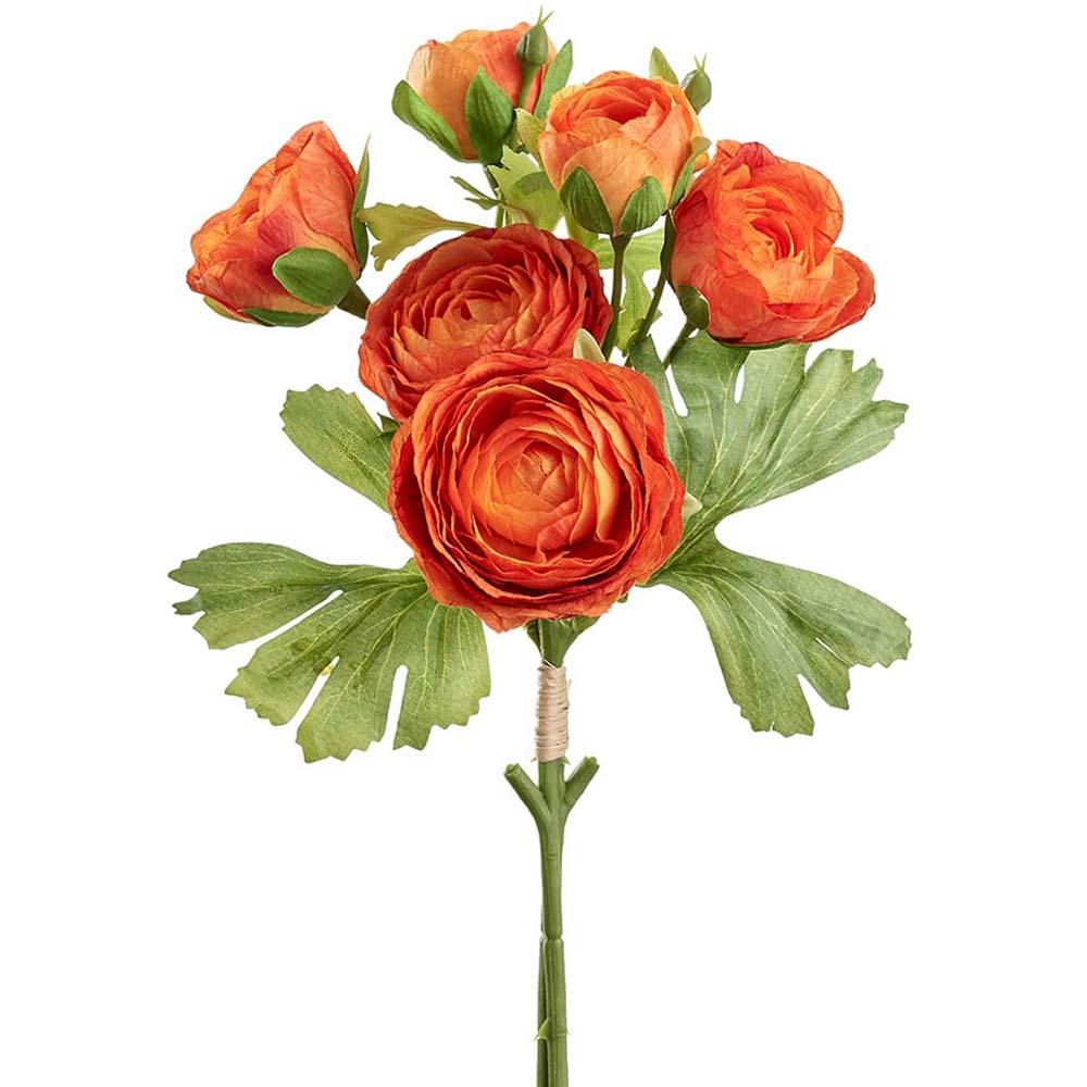 Bundle of artificial ranunculus flowers in a rectangular container with wire stems.