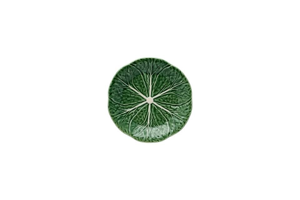 Green ceramic cabbage dessert plate with realistic leaf texture and white veins.