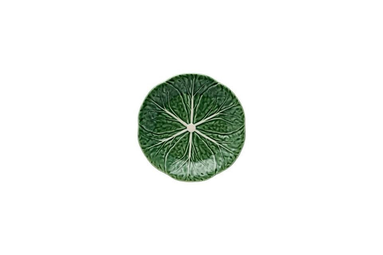 Green ceramic cabbage dessert plate with realistic leaf texture and white veins.
