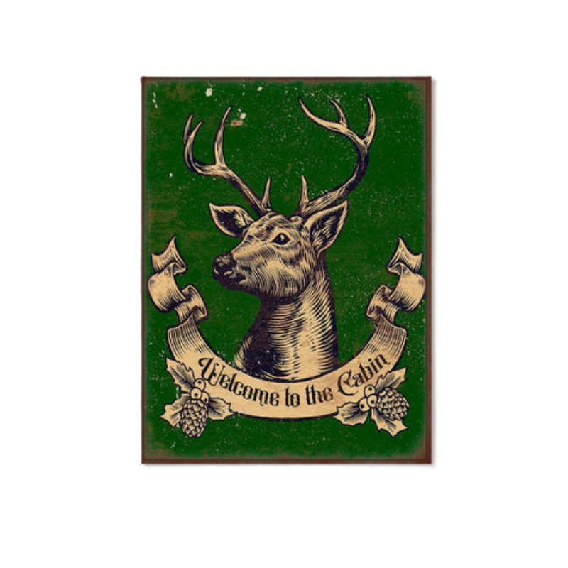Vintage deer head canvas wall art on a green background with "Welcome to the Cabin" banner.