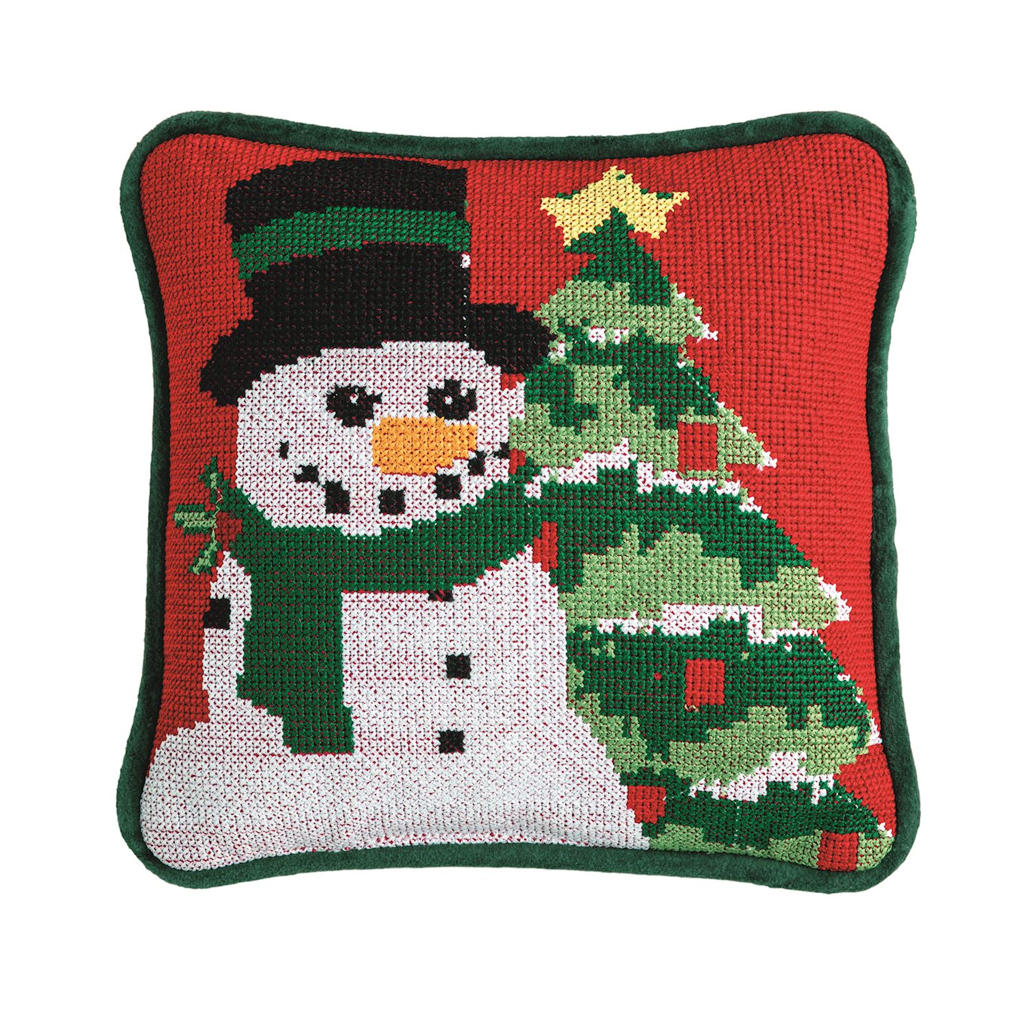 Snowman needlepoint mini pillow with a red background, green border, and a Christmas tree.