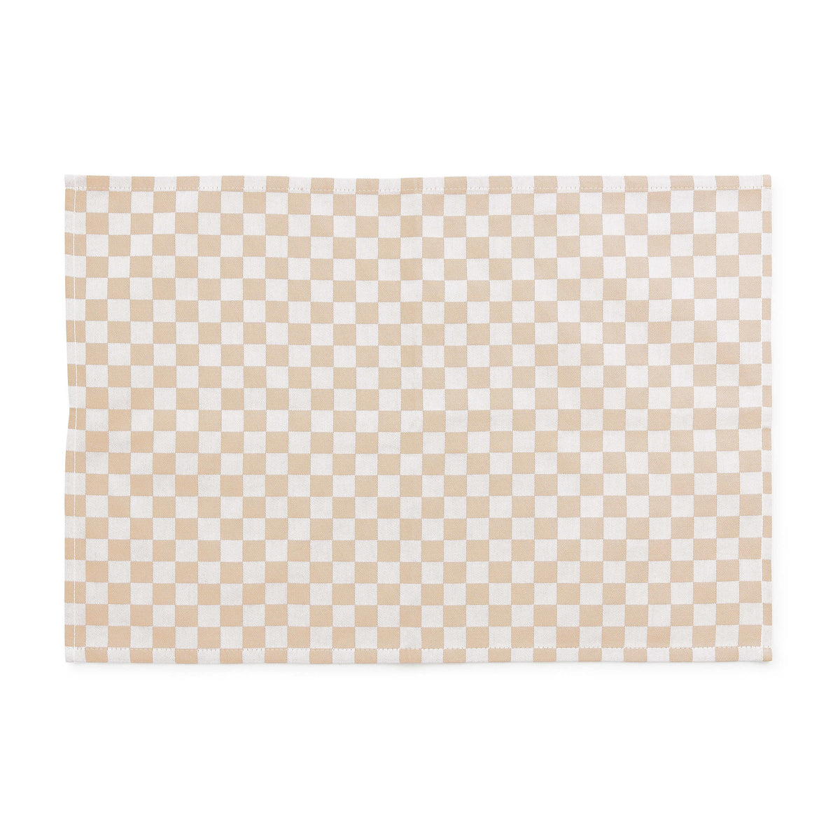 Rectangular cotton placemat with a tan and white checkerboard pattern.