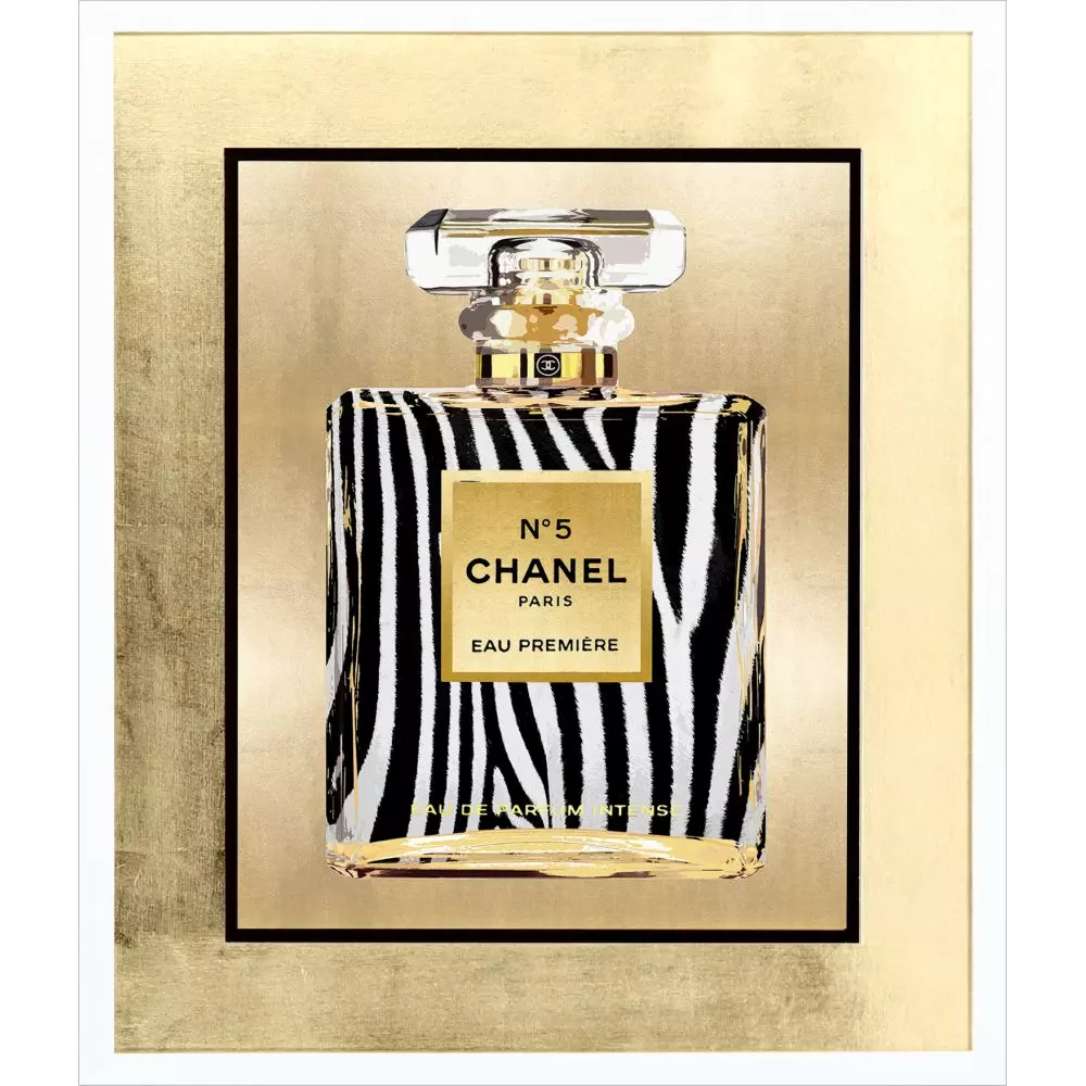 Wild Perfume II wall art featuring a zebra-print Chanel No. 5 bottle on a gold background.
