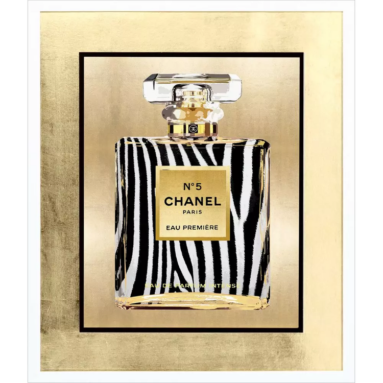 Wild Perfume II wall art featuring a zebra-print Chanel No. 5 bottle on a gold background.
