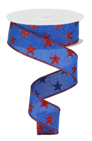 Royal blue polyester ribbon with red glitter star embellishments