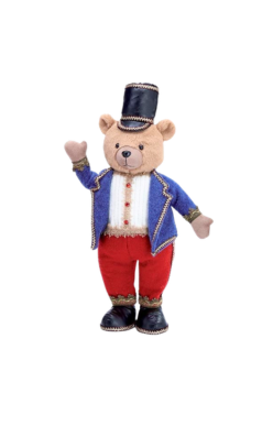 Plush nutcracker teddy bear in a blue jacket, red pants, and black top hat.